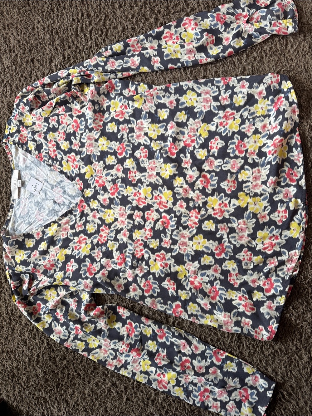 LOFT Navy Long-Sleeve Floral V-Neck Top with Pink & Yellow Flowers